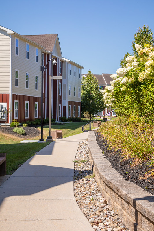 A paved sidewalk curves alongside a low stone wall and landscaped greenery, with multi-story cream and brown apartment buildings—ideal for West Chester University housing—and trees in the background on a sunny day.