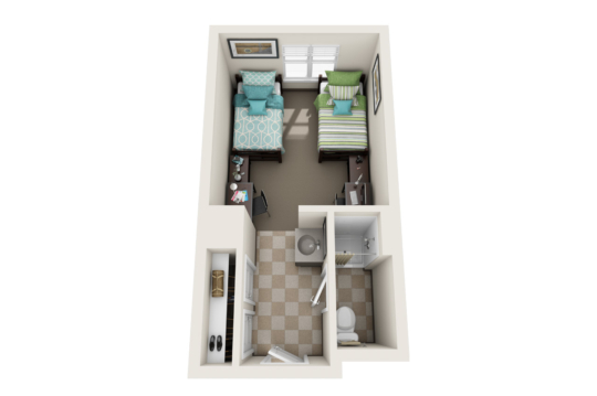 3D floor plan of a small West Chester University housing room with two beds, a shared desk, and two chairs. The beds are parallel, the room features a window, and an adjacent bathroom includes a sink, toilet, and shower.