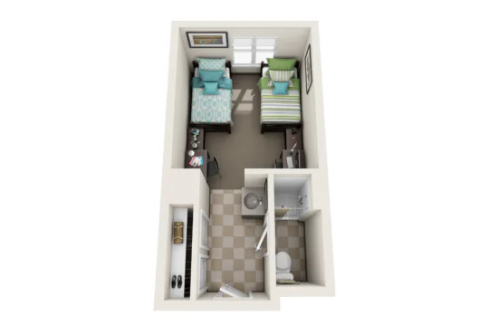 3D floor plan of a small West Chester University housing room with two beds, a shared desk, and two chairs. The beds are parallel, the room features a window, and an adjacent bathroom includes a sink, toilet, and shower.
