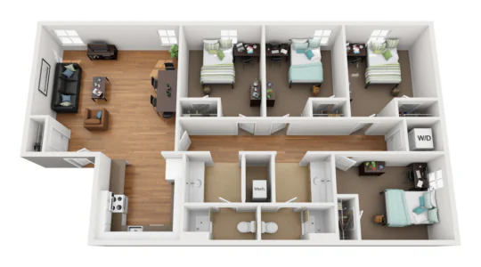 3D floor plan of a four-bedroom West Chester University housing apartment with shared living room, kitchen, and two bathrooms. Each bedroom features a bed and desk, plus in-unit washer and dryer in a laundry closet.