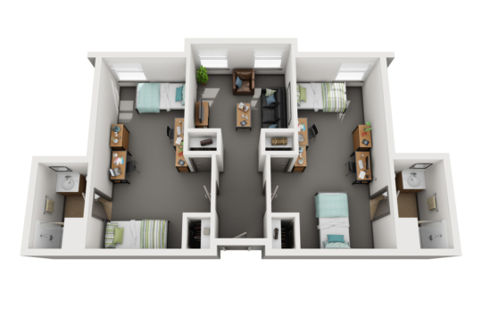 A 3D floor plan of a four-bedroom West Chester University housing apartment shows two bathrooms, each bedroom with a bed, desk, and wardrobe, plus a central shared space with doors leading to the bathrooms on either end.