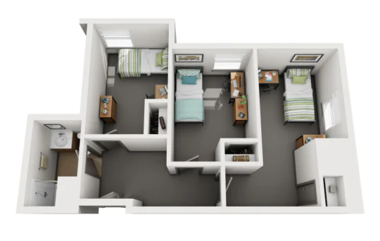 3D floor plan of a three-bedroom West Chester University housing unit, each room with a bed, desk, and window. Includes one shared bathroom, hallway, and entry area with simple, modern furniture and neutral-toned decor throughout.