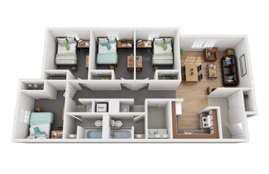 3D floor plan of a four-bedroom apartment, ideal for West Chester University housing, featuring two bathrooms, a kitchen, living/dining space with wood flooring, and carpeted bedrooms and hallways. Each bedroom includes a small closet.