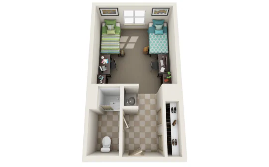 3D floor plan of a small West Chester University housing dorm room with two single beds, two desks, and two chairs. There’s a shared bathroom, closet, and windows at the far end. Each bed features unique bedding patterns.