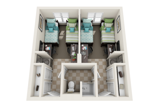 3D floor plan of a two-bedroom West Chester University housing suite with two beds per room, desks, and closets. Shared central bathroom with sinks, toilet, and shower. Windows in each bedroom, neutral decor, and tiled bathroom floors.