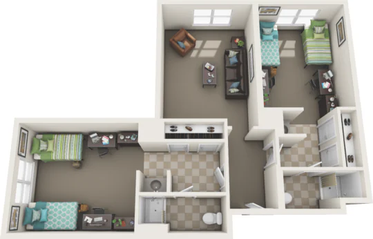 A 3D floor plan of a West Chester University housing dorm suite featuring two bedrooms with study desks, a shared living area with chairs and a coffee table, plus a bathroom with dual sinks, shower, and toilet.