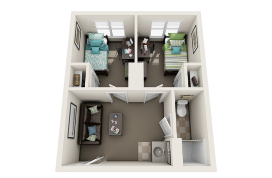 3D floor plan of a small apartment for West Chester University housing: two bedrooms with beds and desks, shared living room with sofas and tables, bathroom, and kitchen area.