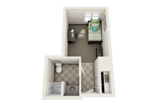 3D floor plan of a small West Chester University housing room with a bed, desk, and dresser. Features an attached bathroom with shower, toilet, and sink. The entry hallway has a closet and leads into the main living area.