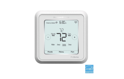 A white Honeywell Home ProSeries digital thermostat, ideal for West Chester University housing, displays a temperature of 72°F, various mode and fan options, and an ENERGY STAR certification logo in the bottom right corner.